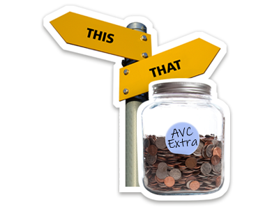 A sign, with different arrows pointing to this and that, stood next to a glass jar part filled with coins. The jar is labelled AVC Extra.