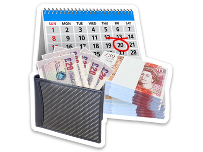 A calendar, with a date ringed in red pen, shown next to a pile of £50 notes and a wallet holding £20 notes