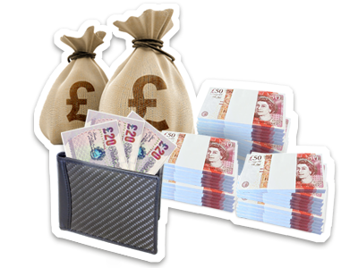 Two sacks with pound signs on the front, standing next to 3 3 stacks of bank notes and a wallet holding £20 notes.
