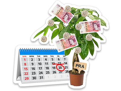 A calendar with a date ringed in red pen, next to a small plant with money growing from it. The plant is labelled, PRA.