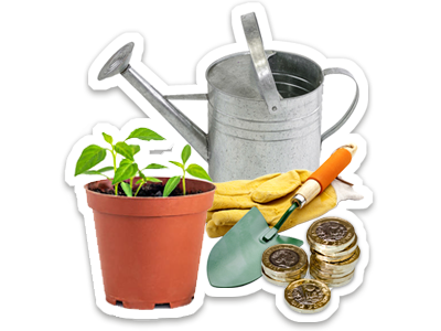 Gardening tools, shown next to a small pile of coins and a plant with green leaves