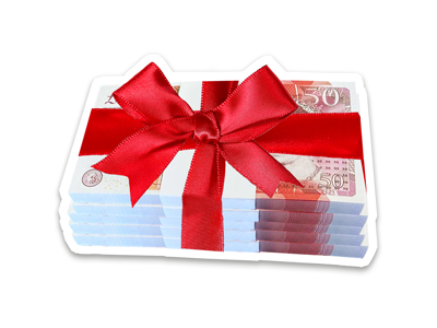 A pile of £50 notes wrapped in a red ribbon and tied with a bow.