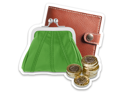 A green purse and a brown wallet next to a pile of coins.