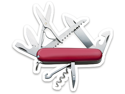 A swiss army knife, with all it's tools opened out in view