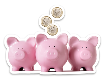 Three pink piggy banks with coins going into the middle one