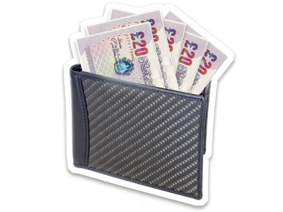An open wallet, with several £20 notes poking out