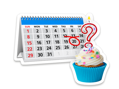 A calendar, with a ring around the 20th, standing next to a cupcake with a question mark on top